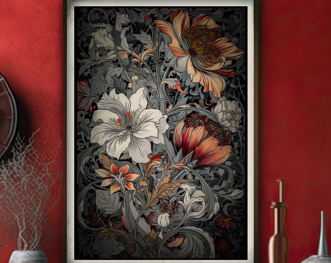 Dark Moody Hibiscus Blooms Vintage Botanical Floral Wall Art