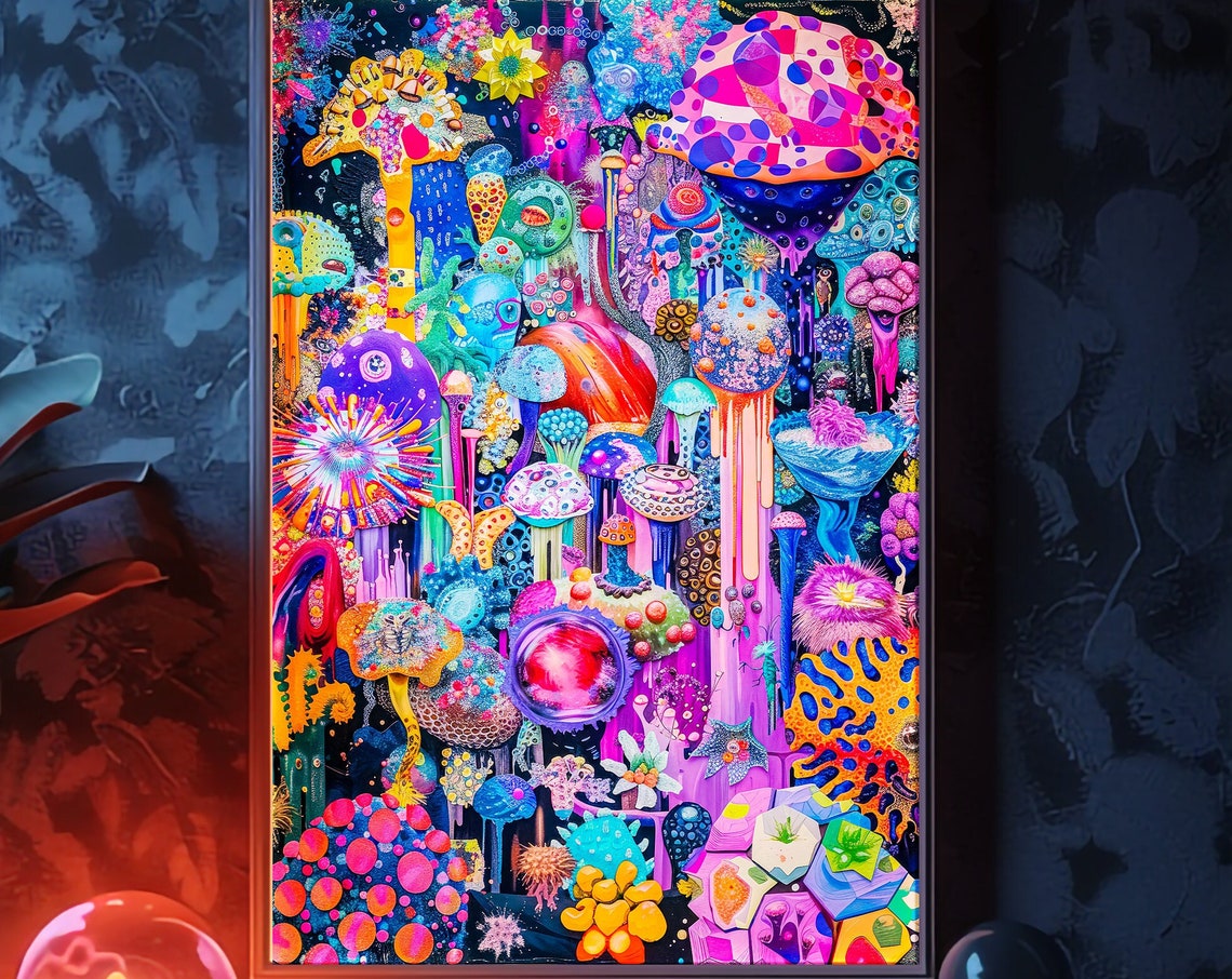 Psychedelic Neon Mushroom Black Light Trippy Surreal Wall Art