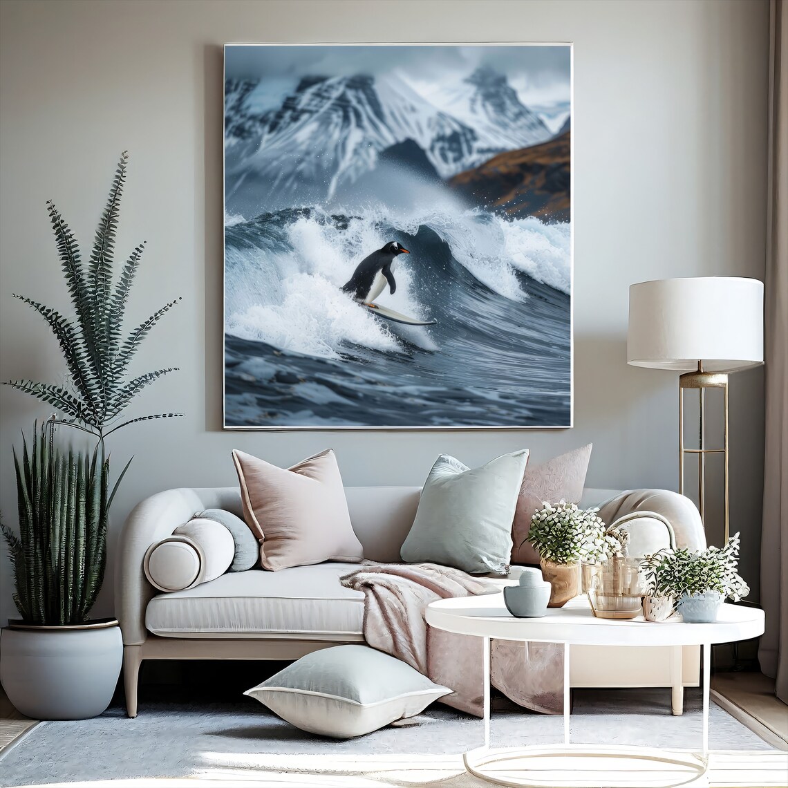 Penguin Art Print, Funny Surfing Antarctic Decor - Image 4