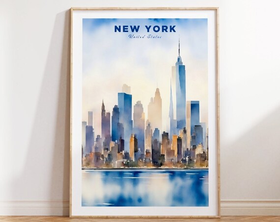 New York Blue Watercolor Skyline Freedom Tower Travel Poster