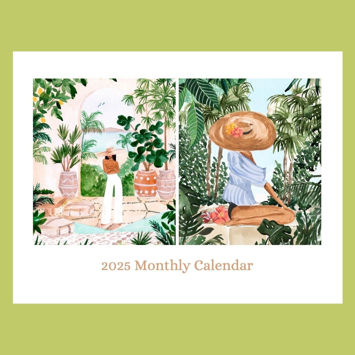 2025 Monthly Calendar Tropical Getaway Watercolor Art Print Palm Scenes