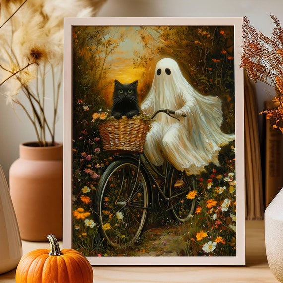 Ghost Riding a Bike With Cat, Whimsigoth Halloween Art Print