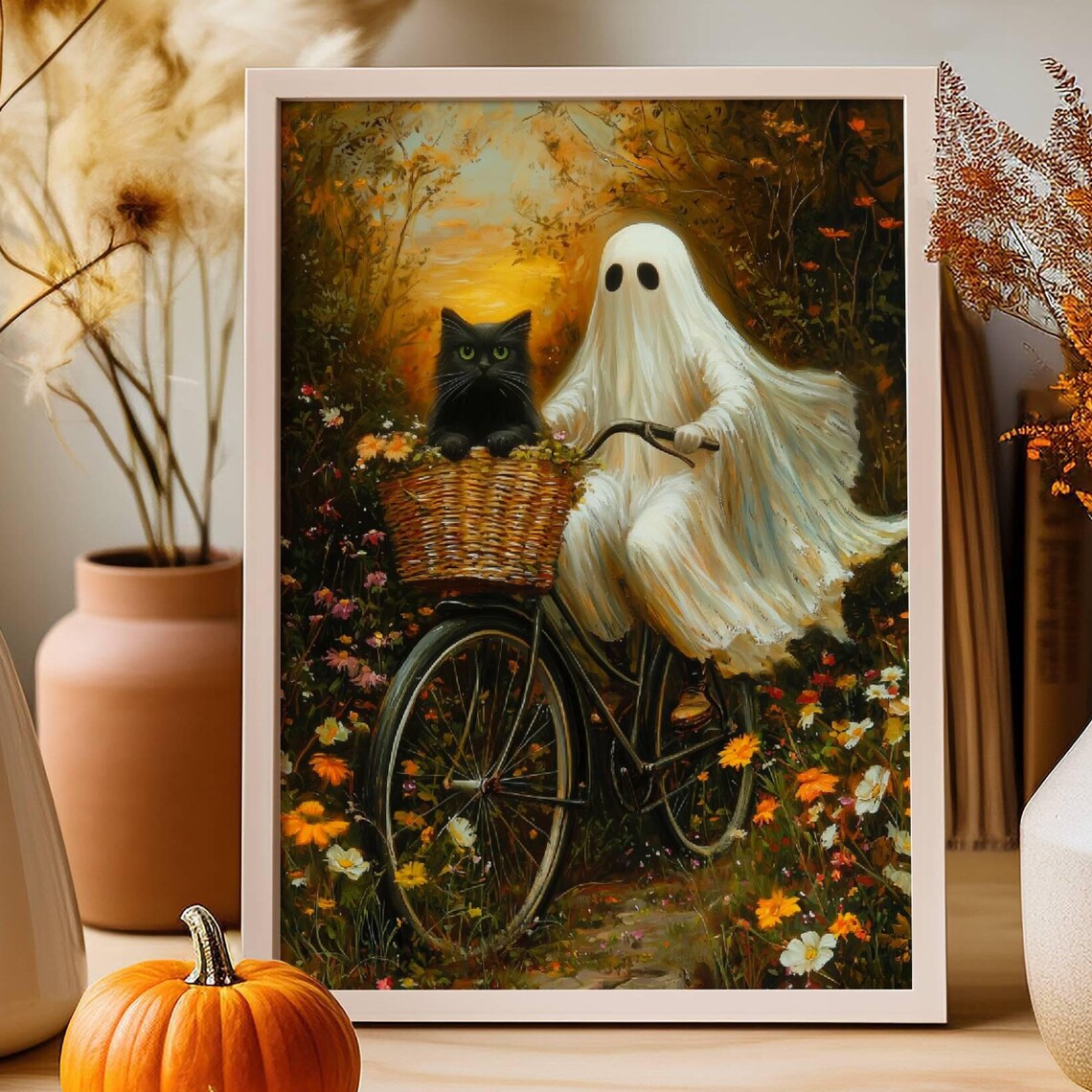 Ghost Riding a Bike With Cat, Whimsigoth Halloween Art Print