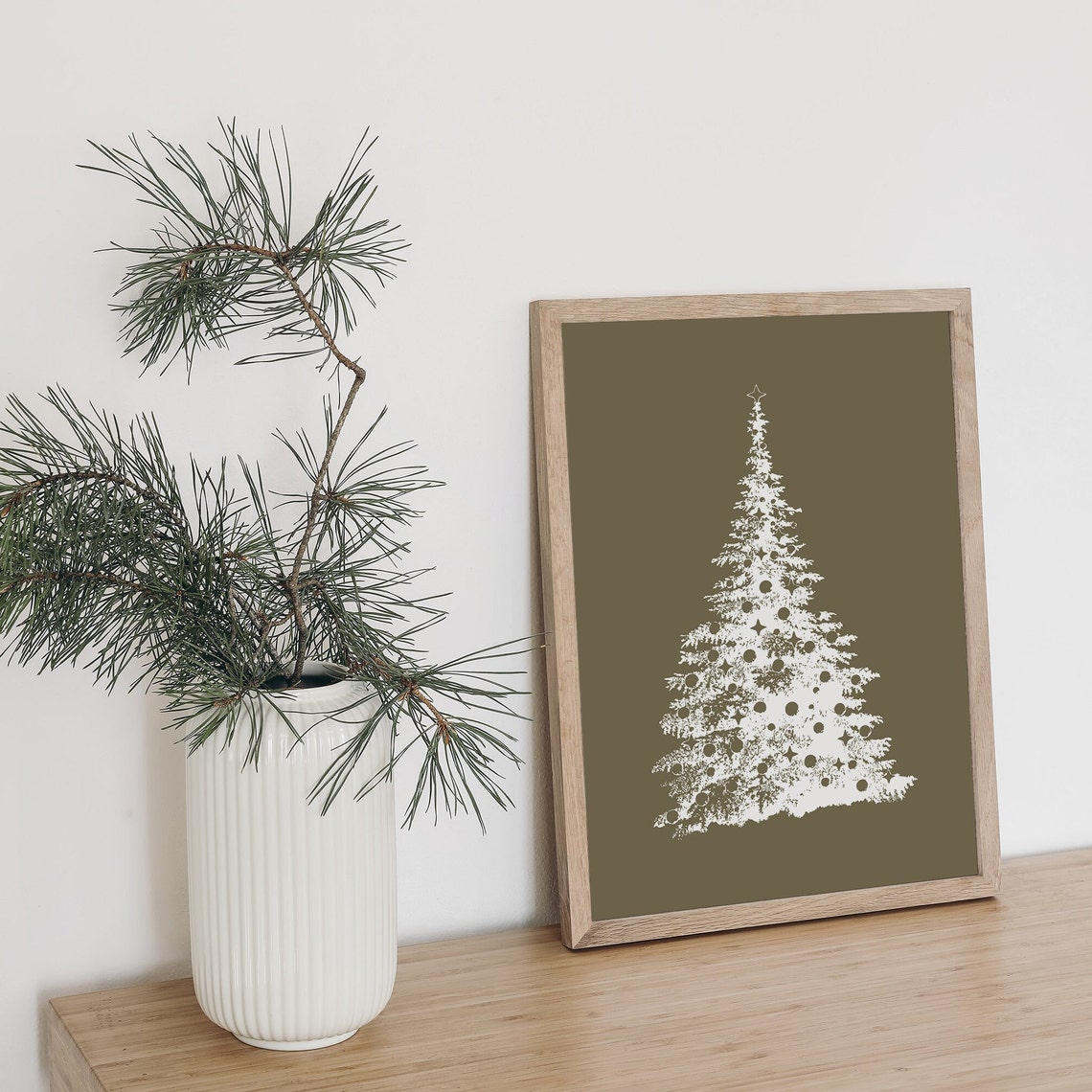 Retro White Christmas Tree Silhouette Olive Green Holiday Poster - Image 3