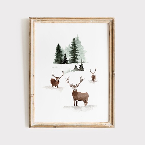 Scenic Watercolor Stags in Snowy Winter Forest Holiday Poster
