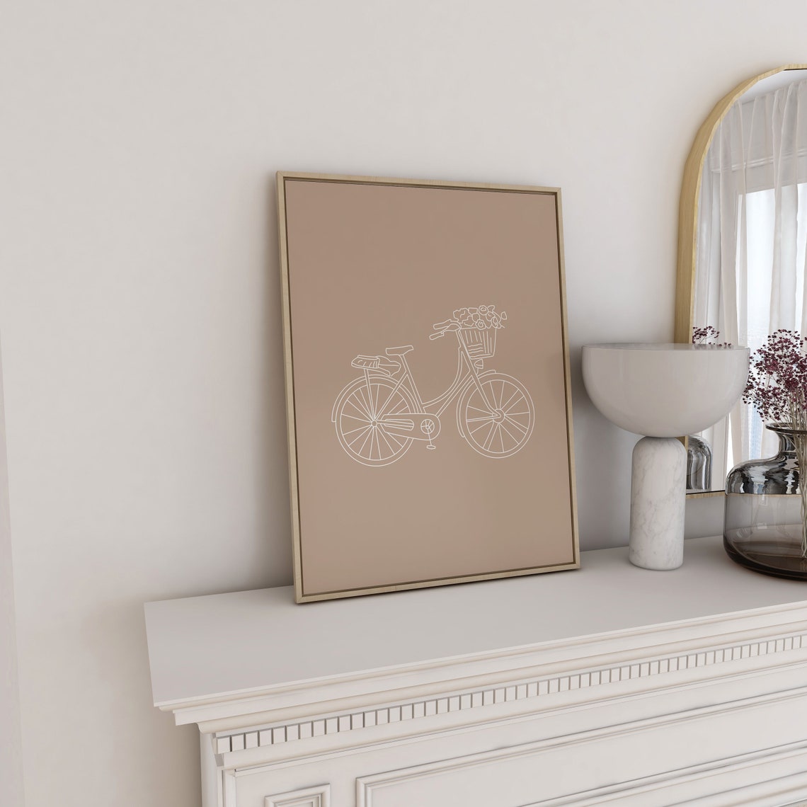 Bicycle With Flower Basket White Line Art Taupe Minimalist Poster