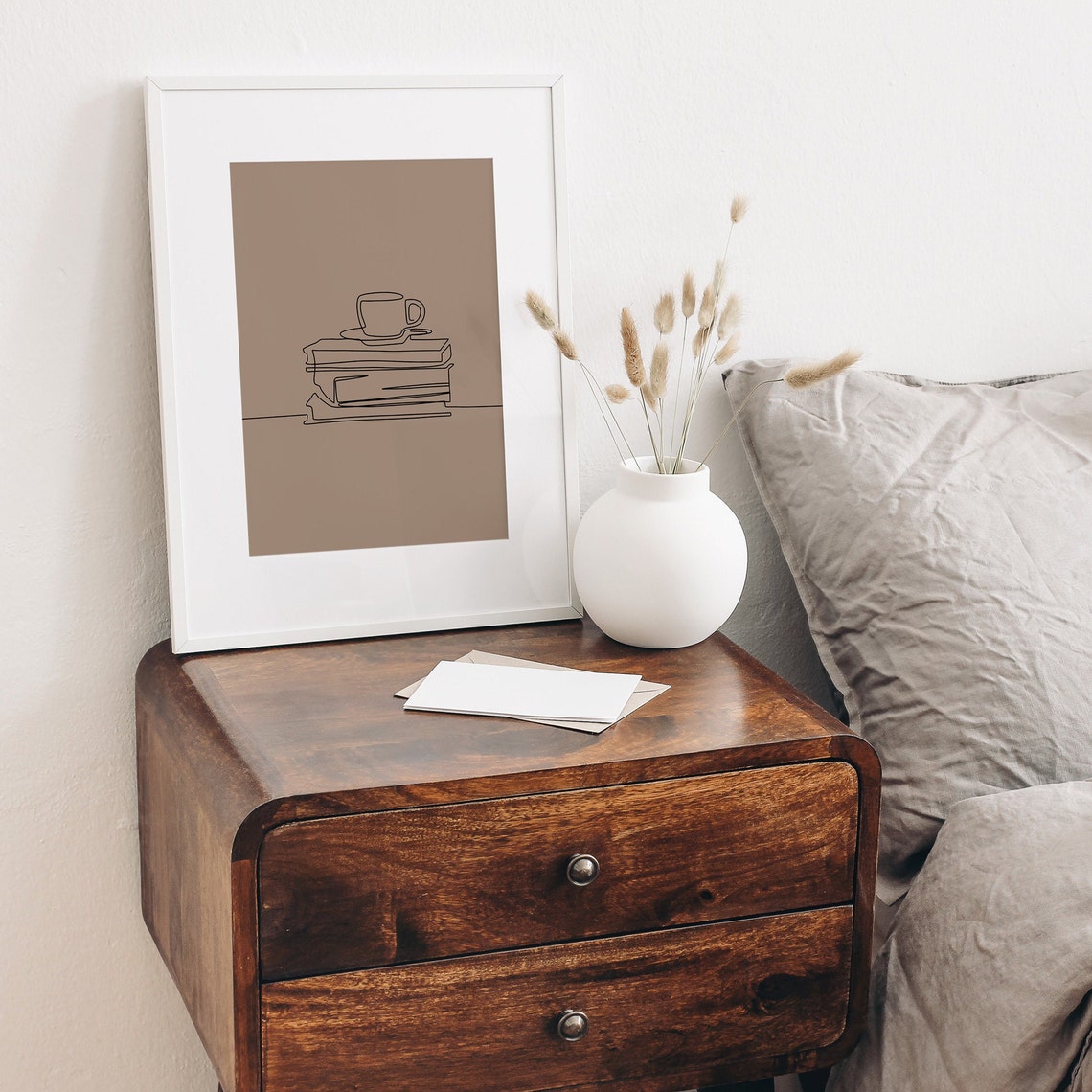 Coffee Cup Resting On Stacked Books Minimalist Fine Line Art Poster - Image 2