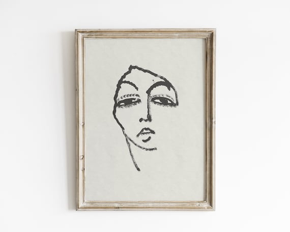 Minimalist Black Ink Woman Face Line Drawing Modern Art Print