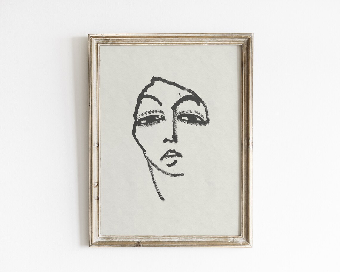 Minimalist Black Ink Woman Face Line Drawing Modern Art Print