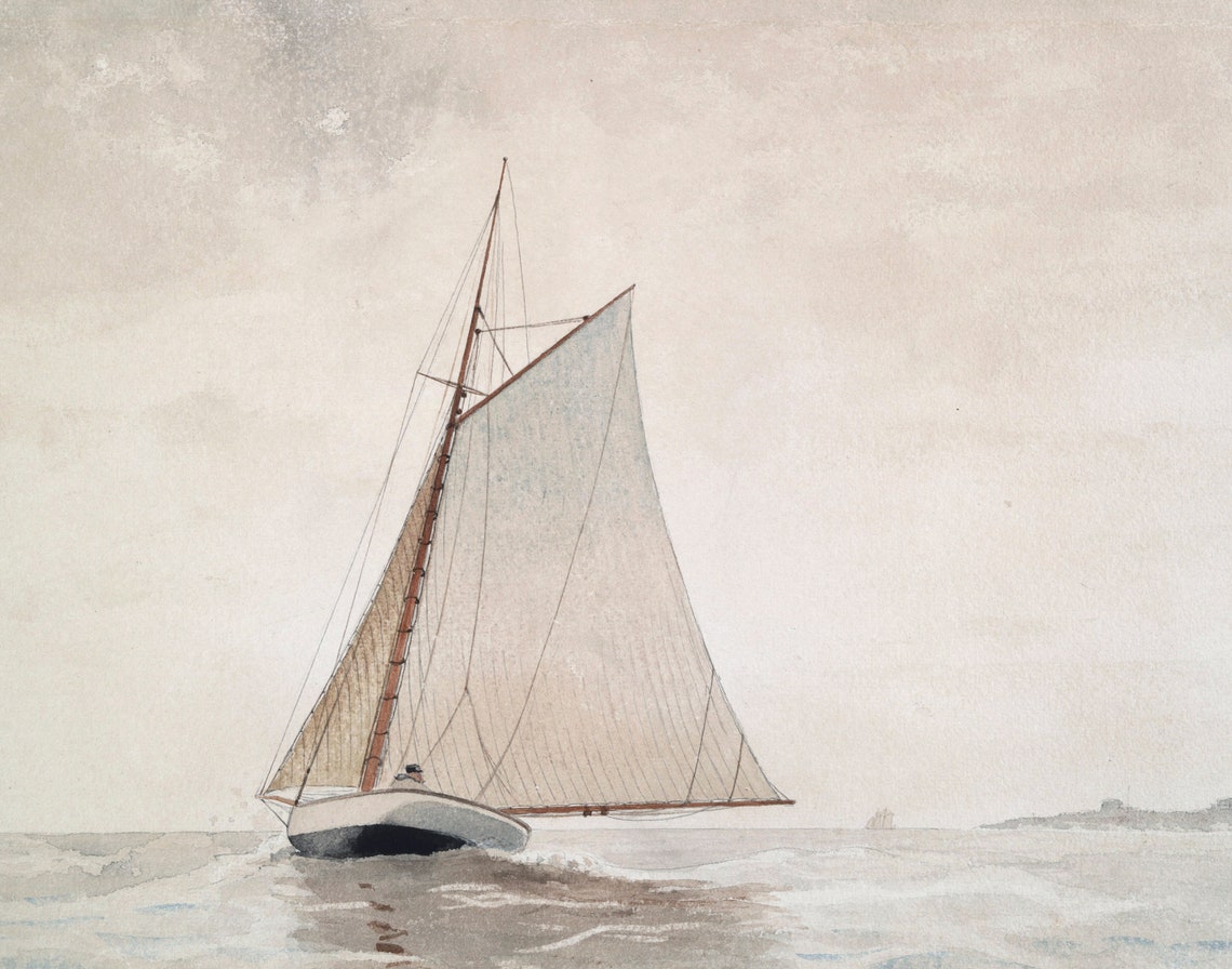 Vintage Ocean Boat Landscape Art Print, Beach Decor - Image 3