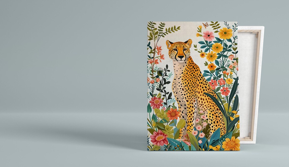 Cheetah Among Tropical Flowers Botanical Style Boho Wildlife Wall Art - Image 5