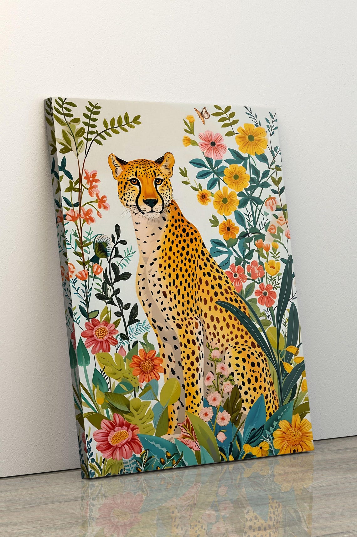 Cheetah Among Tropical Flowers Botanical Style Boho Wildlife Wall Art - Image 4