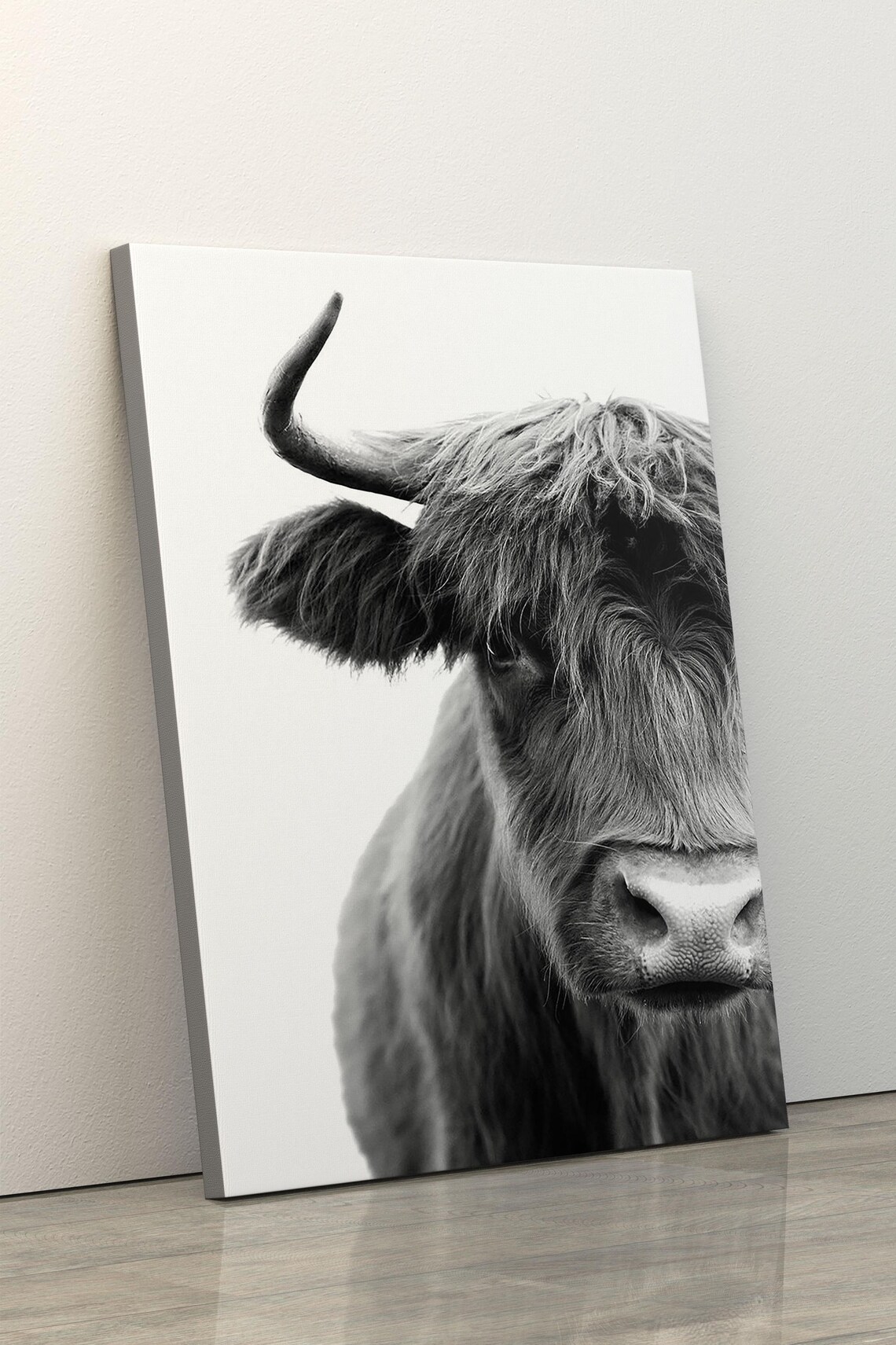 Shaggy Highland Cow Black And White Close-Up Photography Wall Art - Image 3