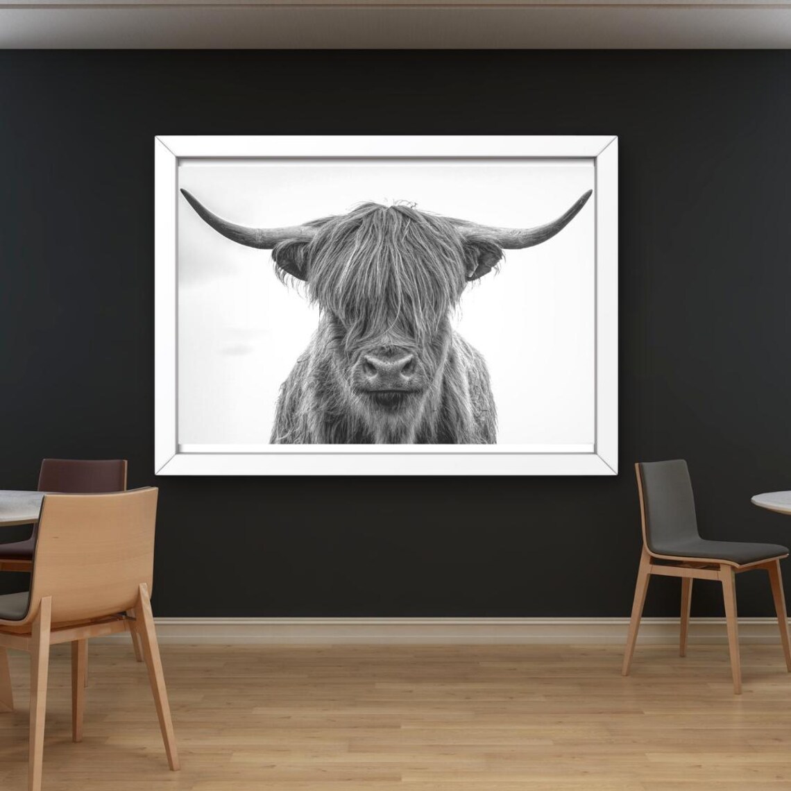 Highland Cow Close-Up Black and White Minimalist Photo Poster