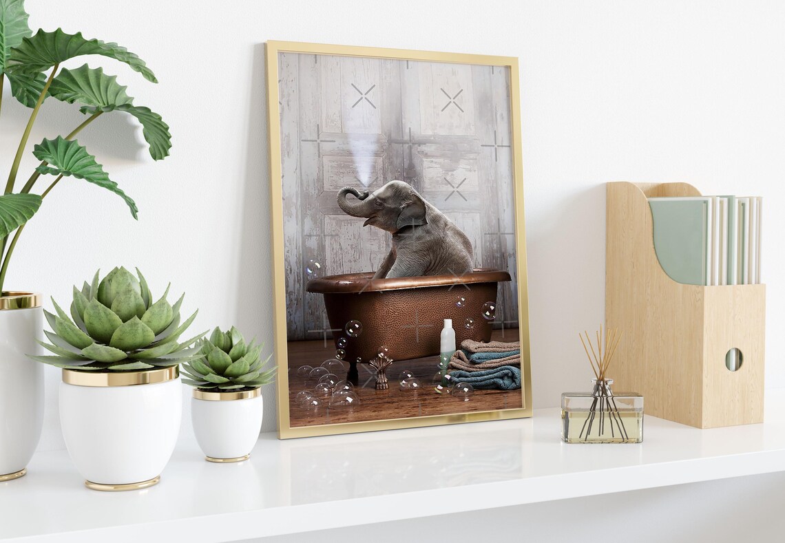 Baby Elephant In Vintage Copper Bathtub With Bubbles Funny Art Poster - Image 2