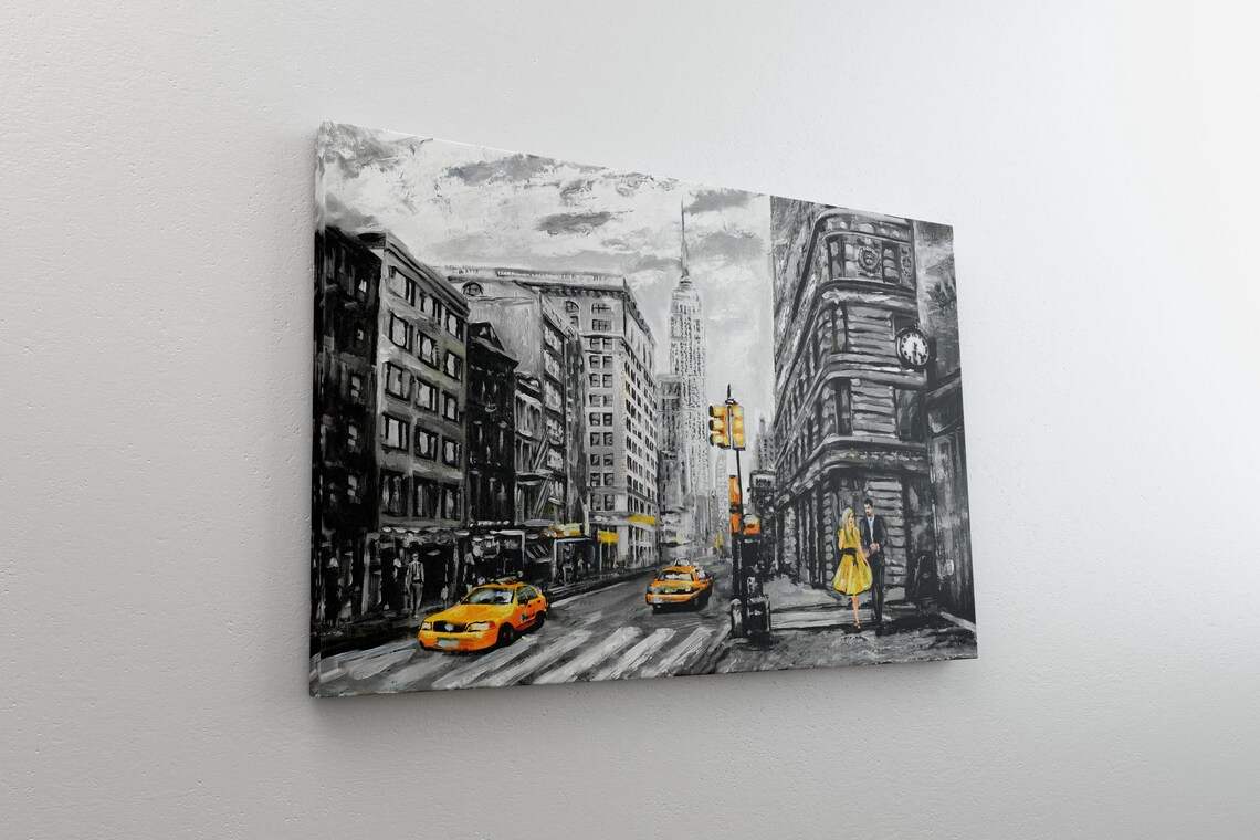 New York City Street With Yellow Taxis Black And White Urban Art Print