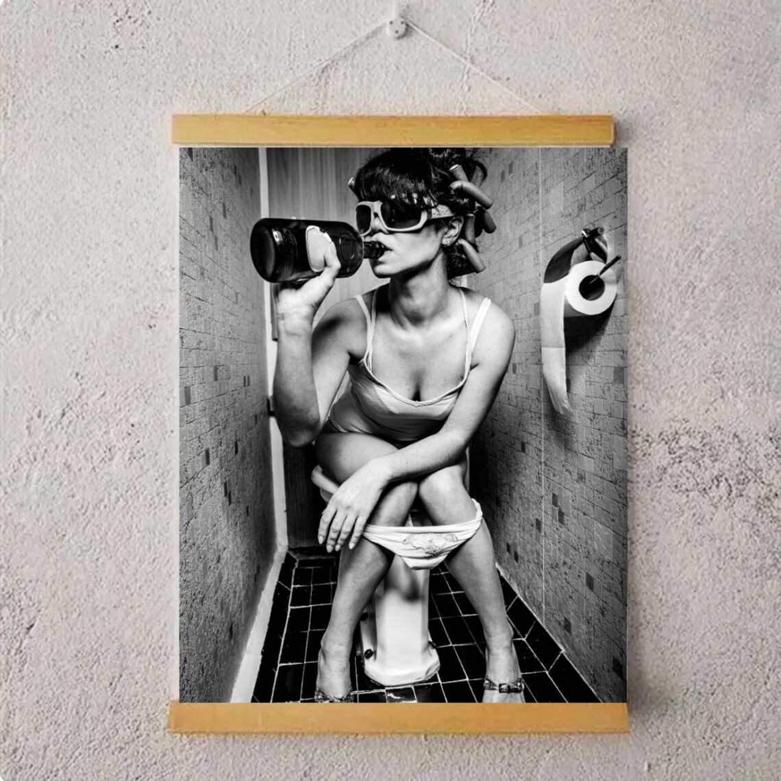 Funny Woman Drinking on Toilet Quirky Bathroom Photography Poster - Image 4