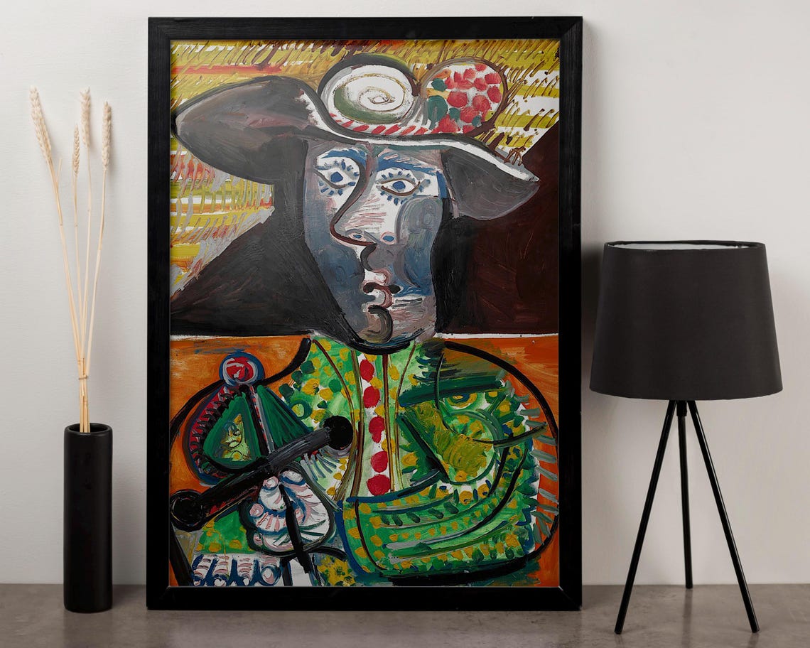 Cubist Musketeer Portrait In Bold Green And Orange Modern Art Poster