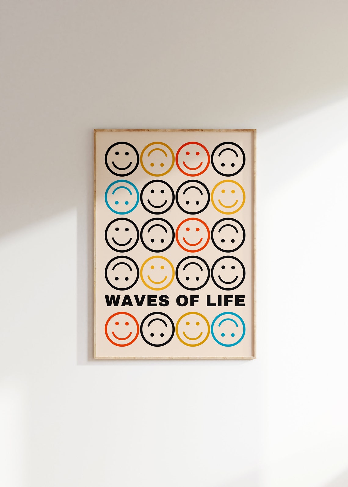 Smiley Face Wall Art Waves Of Life Retro Emotions Poster Funky Wall Art Aesthetic Quote Prints
