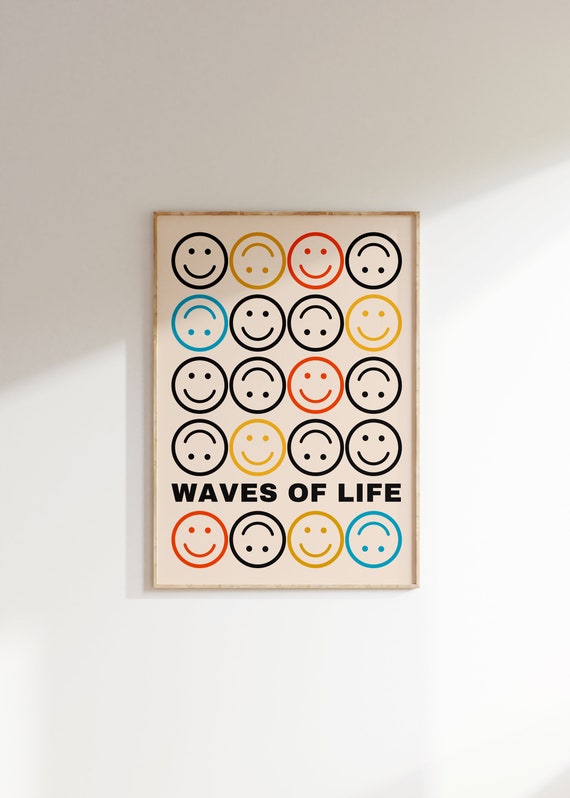 Smiley Face Wall Art Waves Of Life Retro Emotions Poster Funky Wall Art Aesthetic Quote Prints