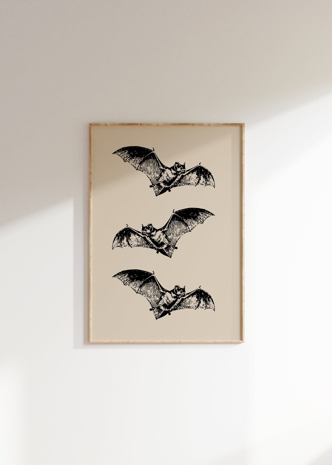 Vintage Engraved Bats Trio Beige Dark Academia Halloween Art Poster