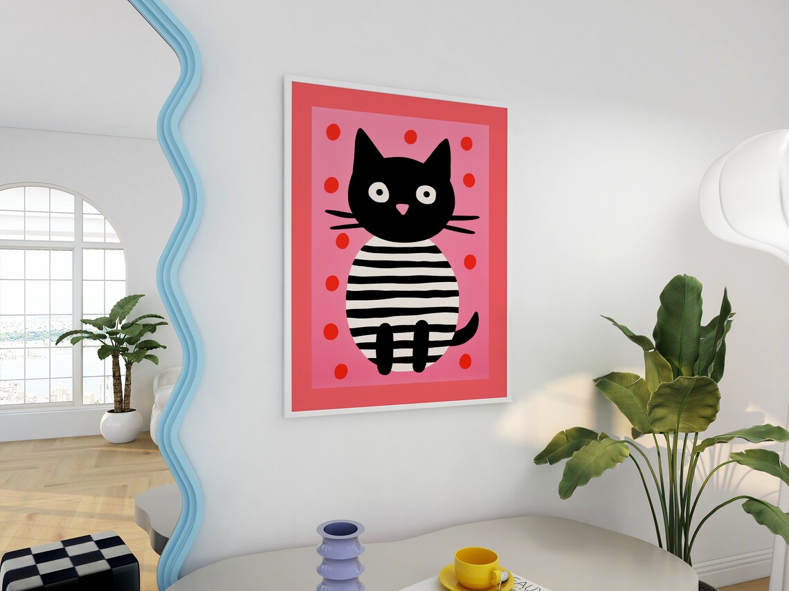 Black Cat Striped Body Pink Dots Whimsical Cute Kitty Art Poster - Image 3