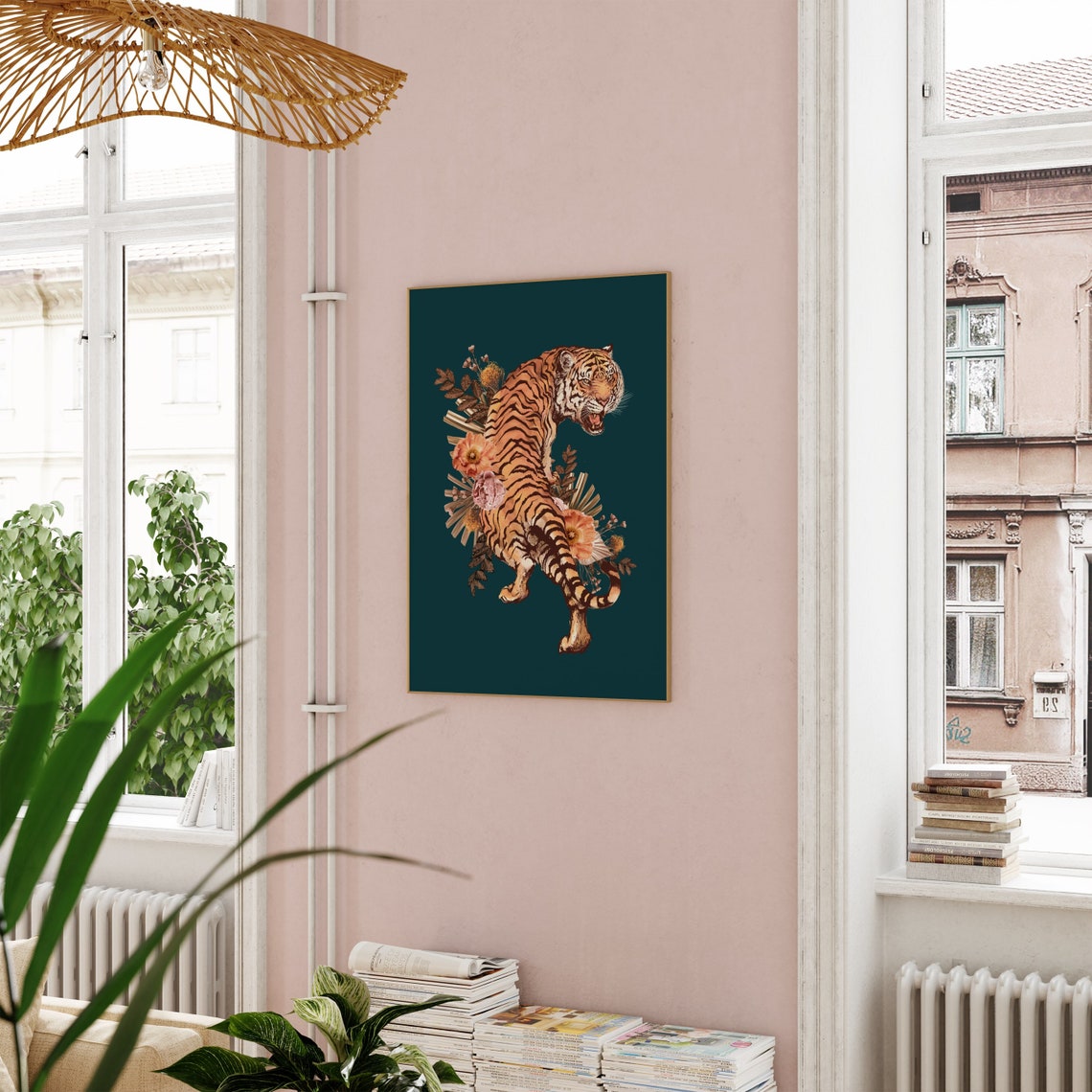 Fierce Roaring Tiger Among Florals Emerald Green Jungle Art Print - Image 2