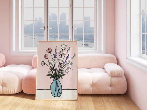 Fine Line Bouquet Of Flowers Simple Floral Art Lavender Minimalistic Cute Floral Decor Colorful Print Pastel Color White Pink Flower