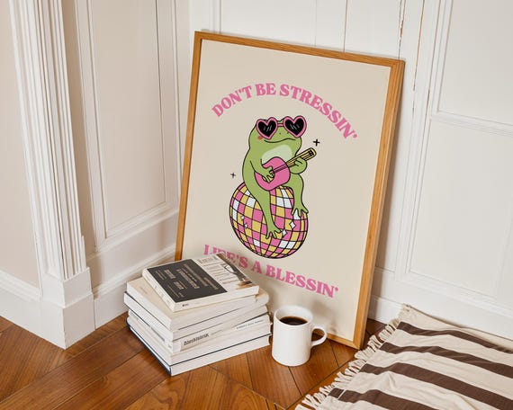 Frog Playing Music On Disco Ball Physical Art Cute Illustration Toad Pink Wall Positive Fun Apartment Poster