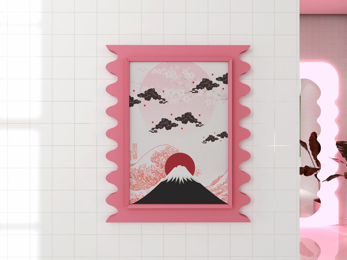 Mount Fuji Japanese Cherry Blossom Red Sun Ocean Wave Art Print - Image 3