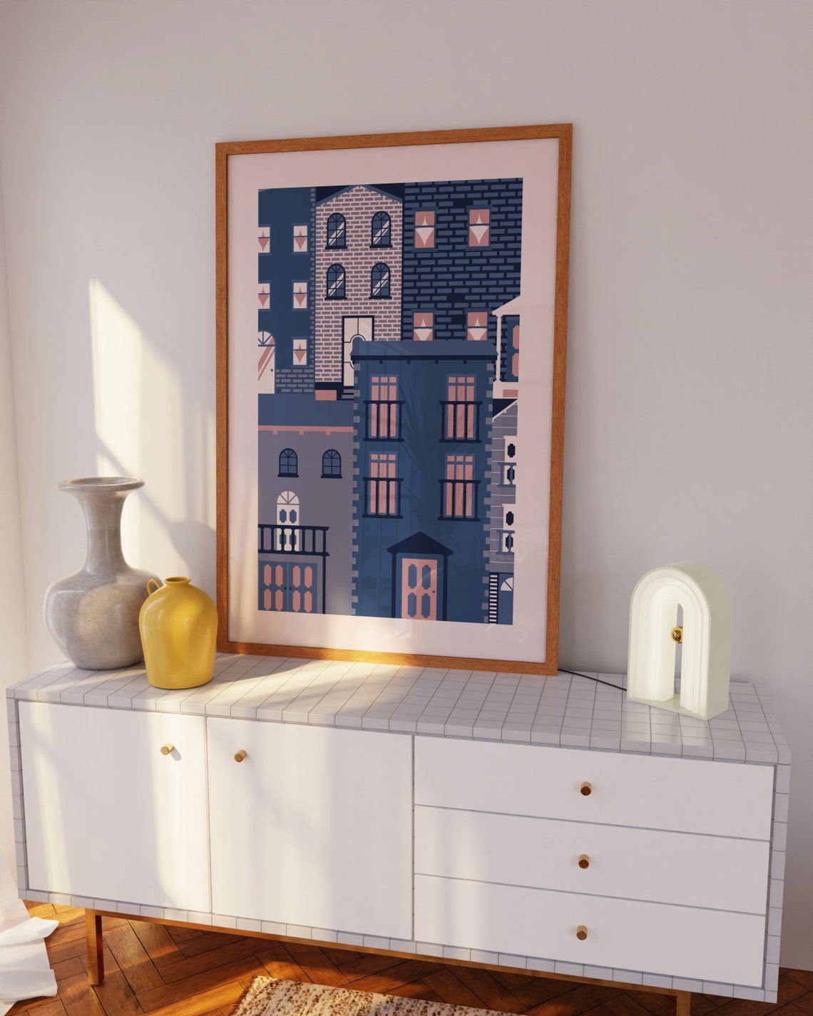 Modern Navy Blue City Buildings Geometric Architecture Poster - Image 3