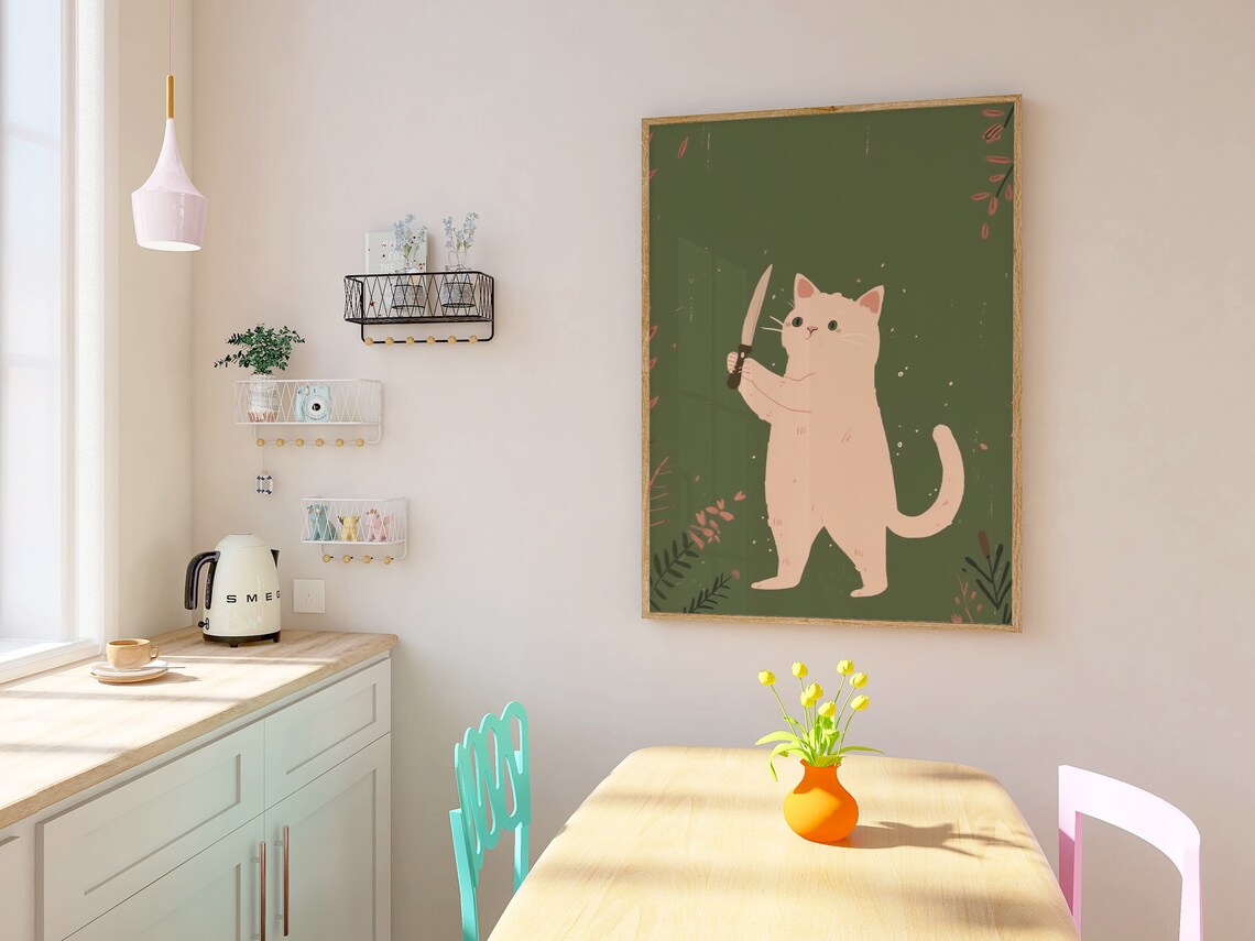 Cheeky Funny Knife Cat Sage Green Cute Cream Kitten Humor Poster - Image 3