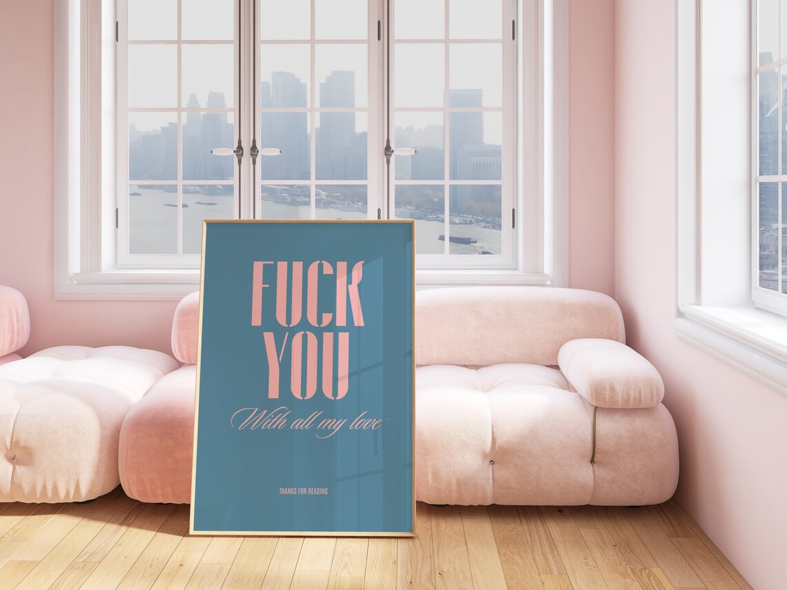 Cheeky Fuck You With All My Love Pink on Teal Typography Quote Poster - Image 2