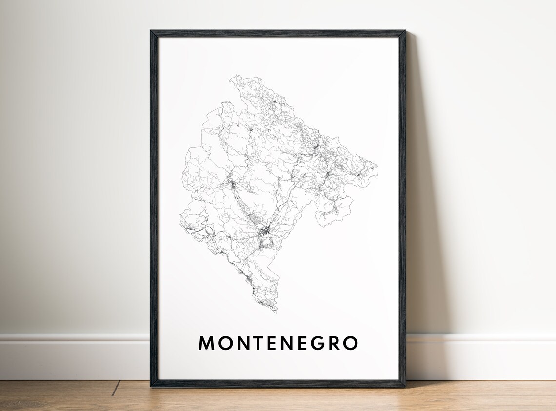 Montenegro Country Road Map Minimalist Black And White Wall Art - Image 5