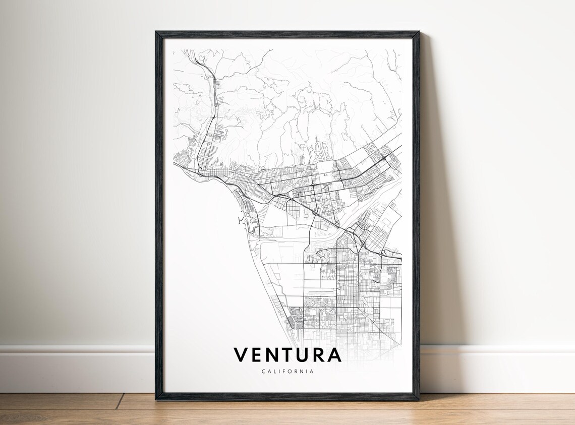 Ventura CA Map Poster, Black And White Minimalist