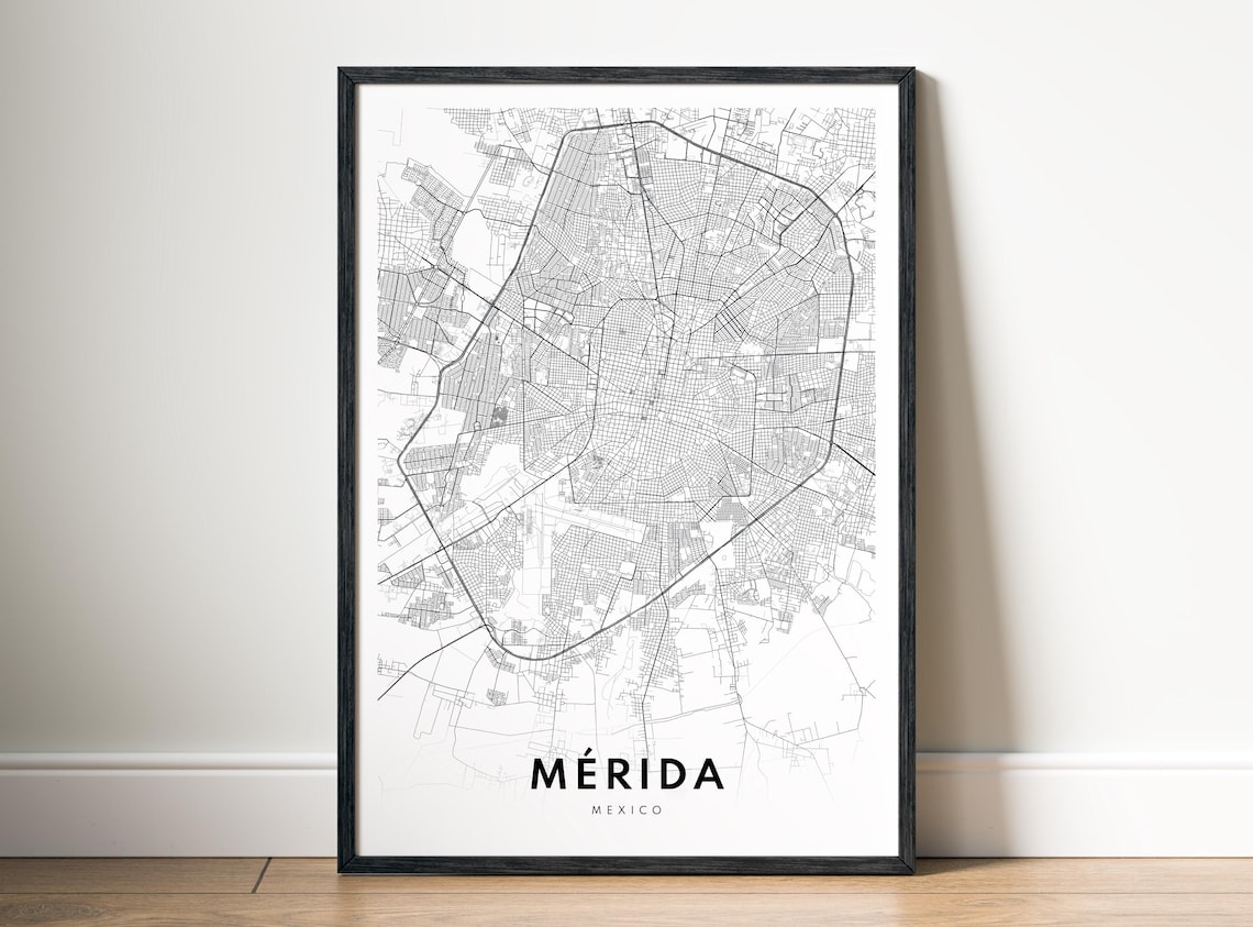 Mrida Map Print Mexico, Black And White Travel Poster