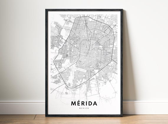 Mrida Map Print Mexico, Black And White Travel Poster