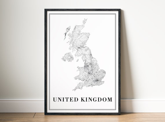 United Kingdom Map, Black And White Travel Poster