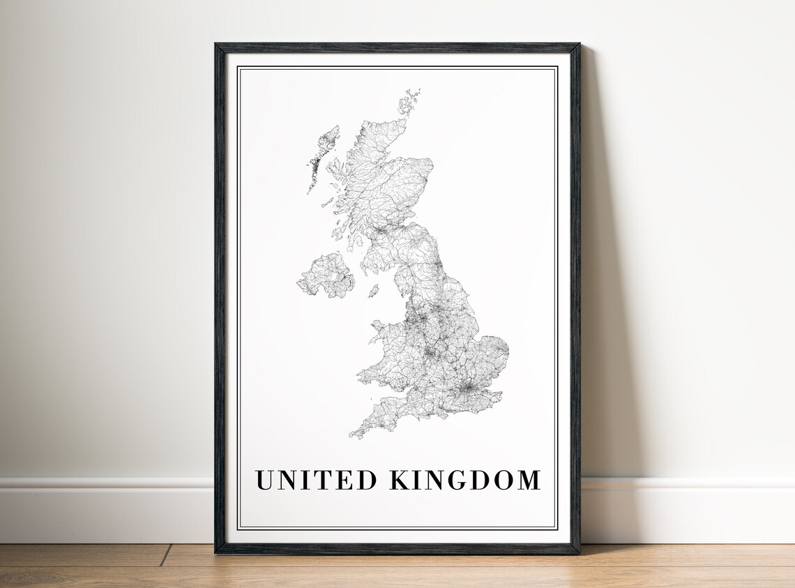 United Kingdom Map, Black And White Travel Poster