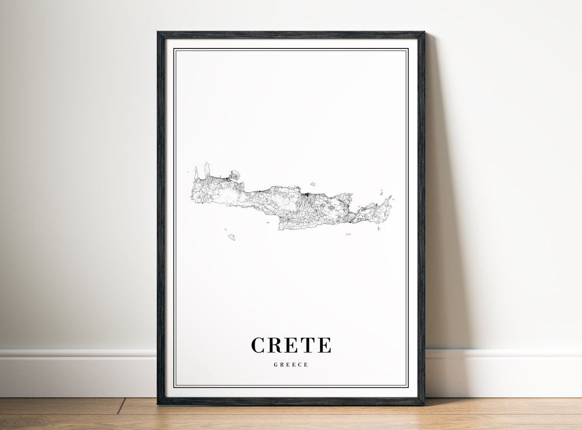 Crete Greece Minimalist Black And White Island Outline Map Poster