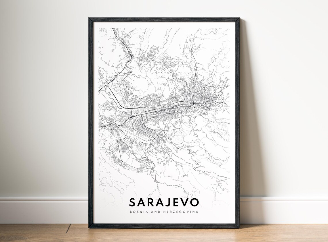 Sarajevo Bosnia And Herzegovina Map Poster Black White Minimalistic Art