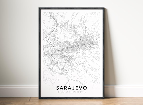 Sarajevo Bosnia And Herzegovina Map Poster Black White Minimalistic Art