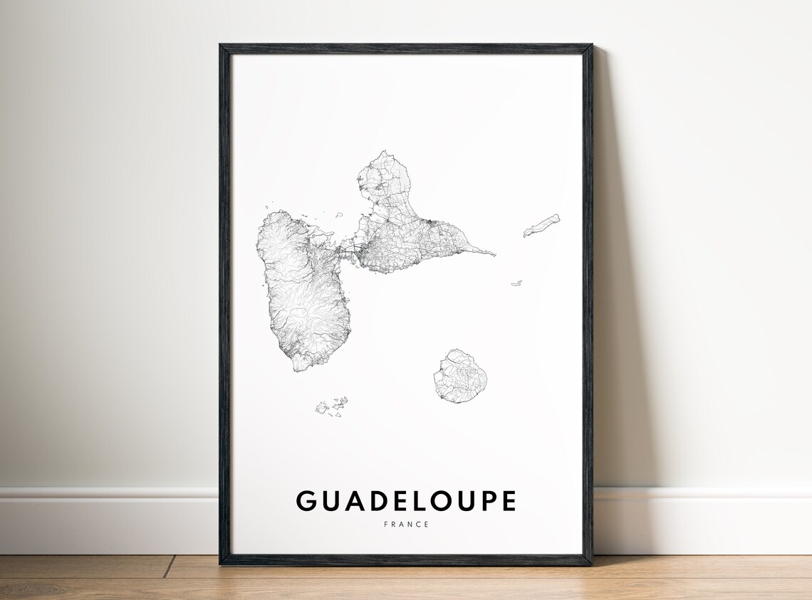 Guadeloupe France Caribbean Island Road Map Black And White Print