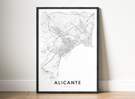 Alicante Map Print Spain Poster Black And White Wall Art Sketch