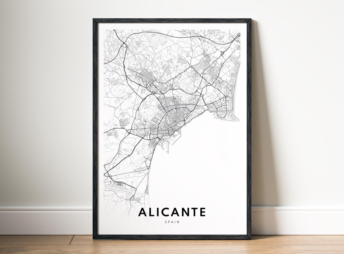 Alicante Map Print Spain Poster Black And White Wall Art Sketch