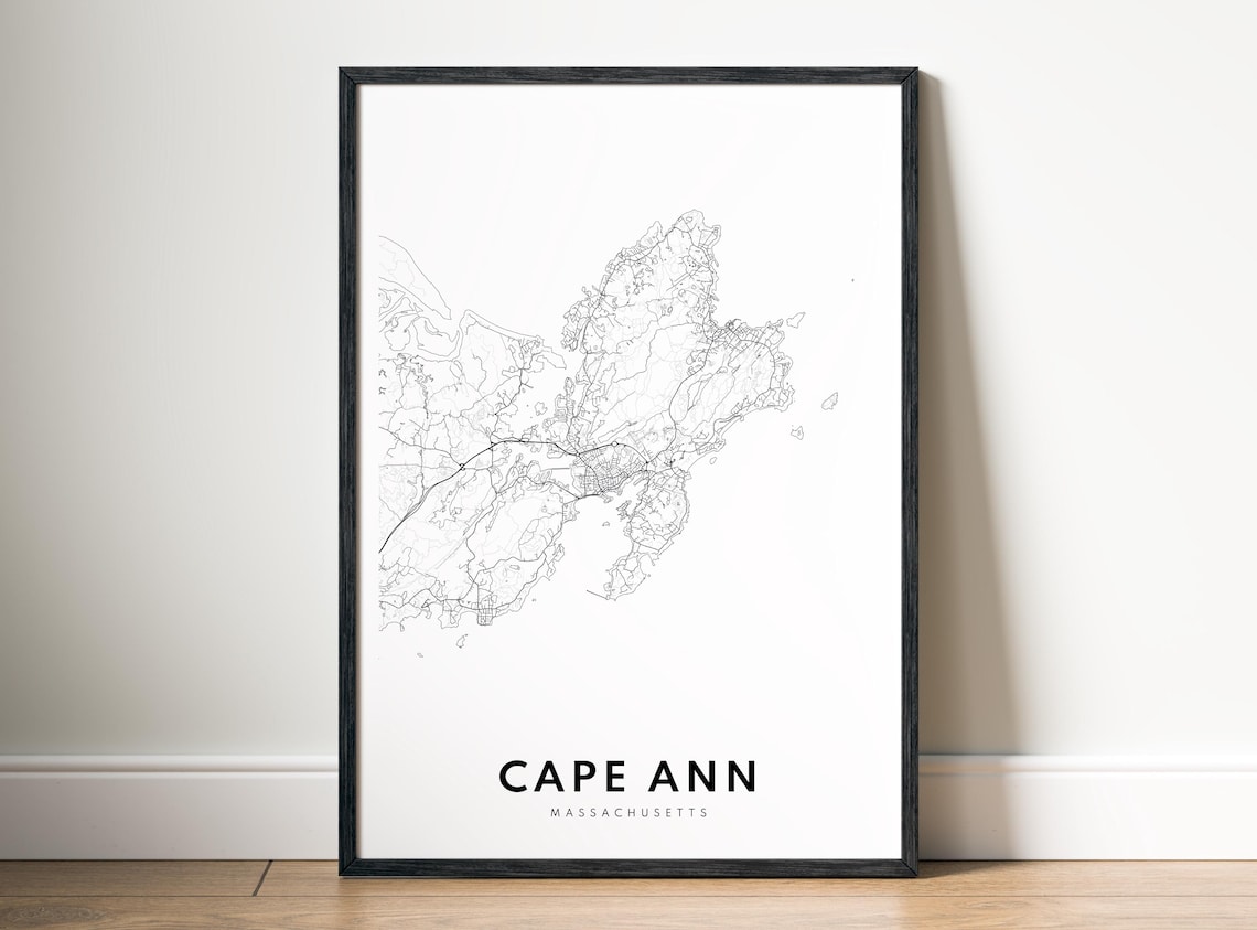 Cape Ann Massachusetts Black and White Minimalist Coastal Map Poster