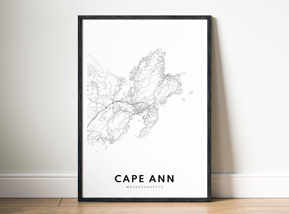 Cape Ann Massachusetts Map Print Black White Minimalist Wall Art In Two Styles