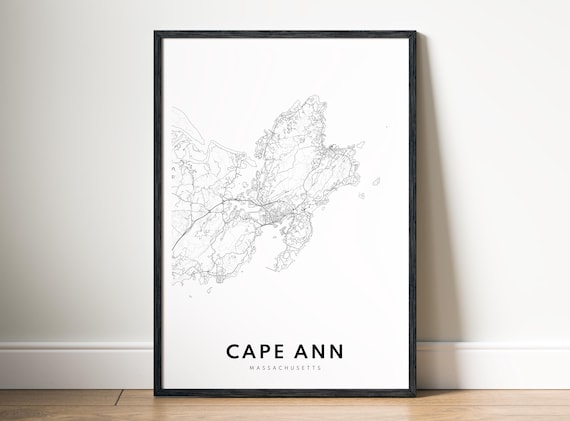 Cape Ann Massachusetts Map Print Black White Minimalist Wall Art In Two Styles