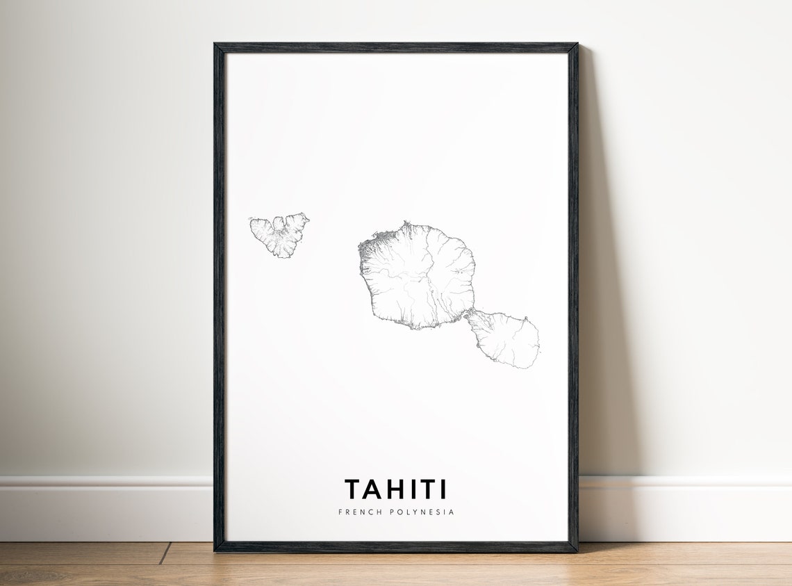 Tahiti French Polynesia Black And White Island Outline Map Poster - Image 5