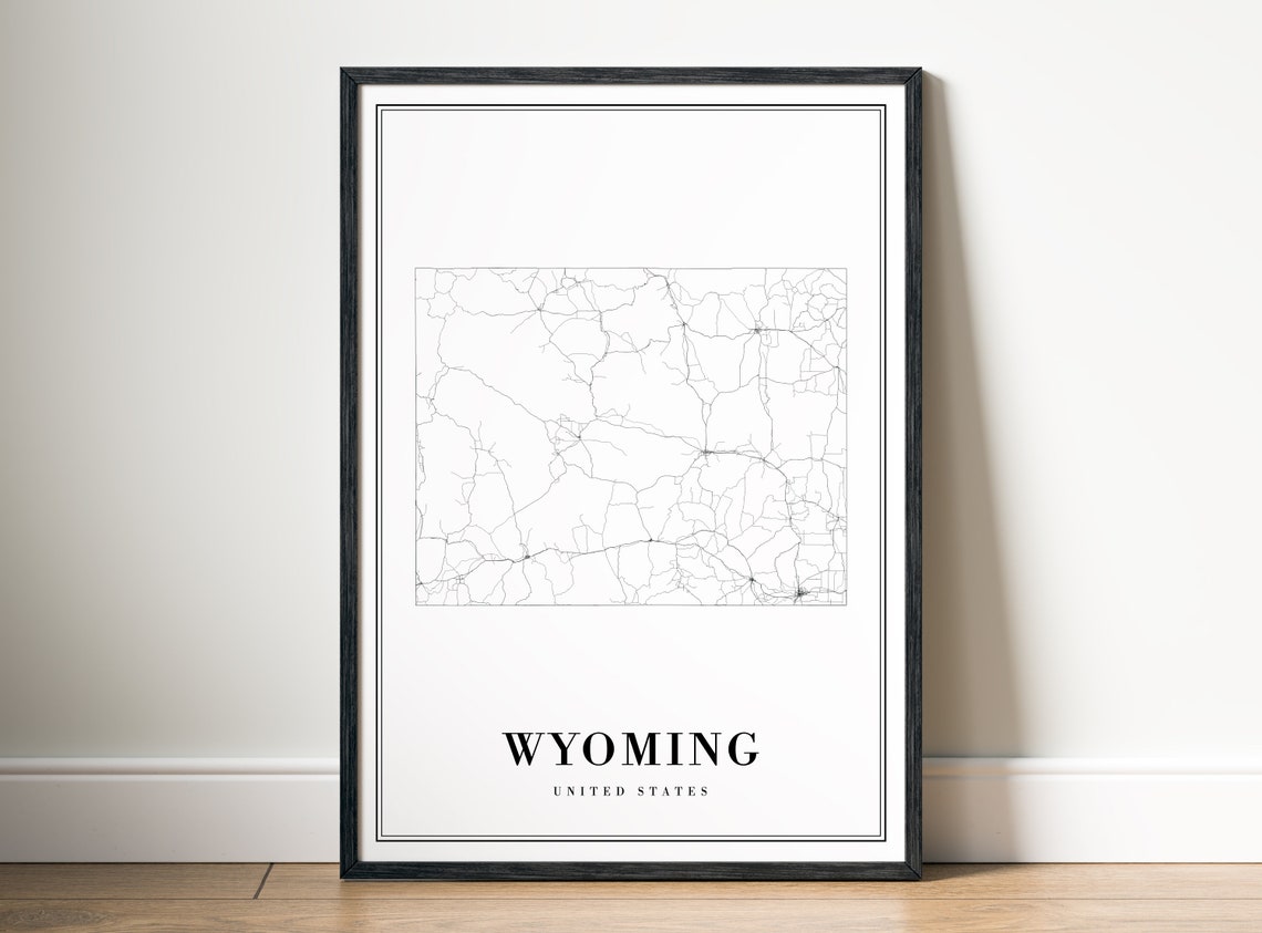 Wyoming State Road Map Minimalist Black White Line Art Poster